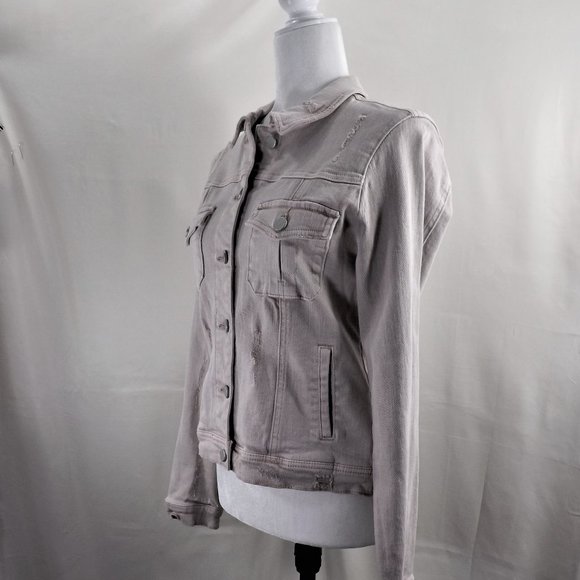 NWOT Dear John Beige Denim w Factory Distress & 4 Pockets Trucker Jean Jacket S - Picture 4 of 14